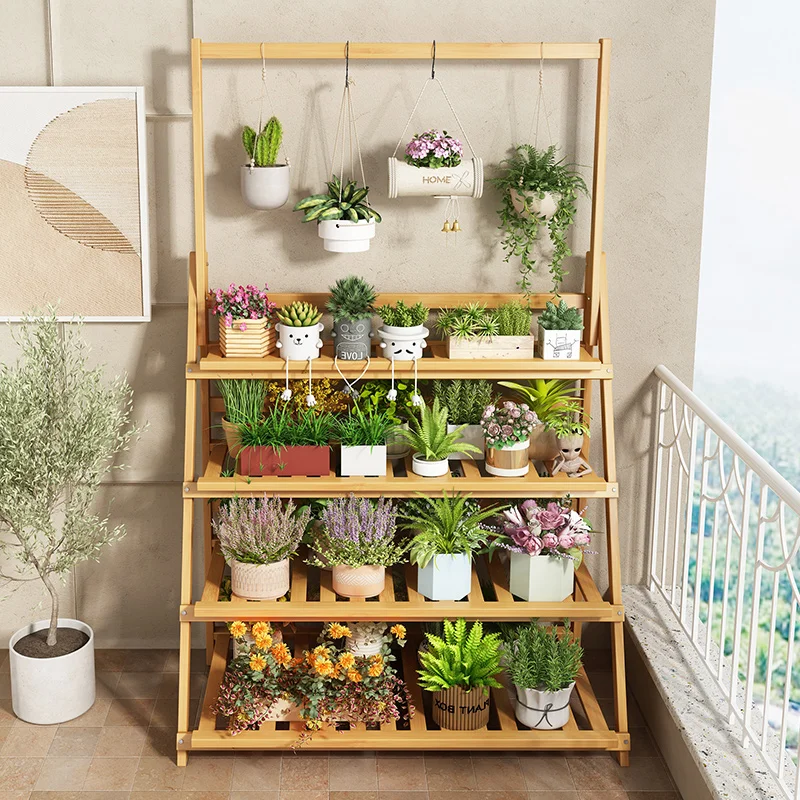 Outdoor Furniture Balcony - رف زهور من الخشب الصلب، أرفف