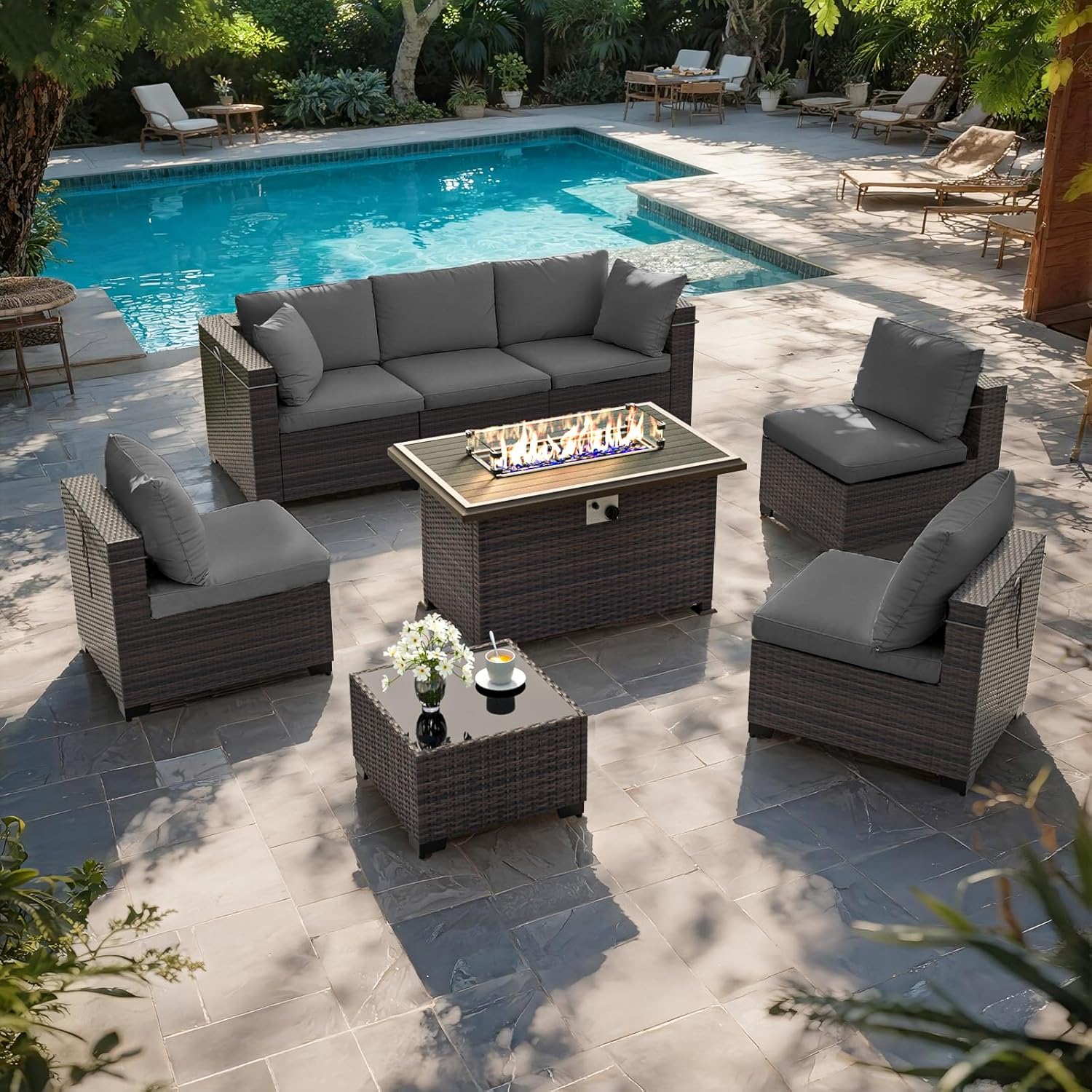 طقم أثاث للفناء مع طاولة موقد  - مراجعة Outdoor Furniture Fire Pit Set وسعره